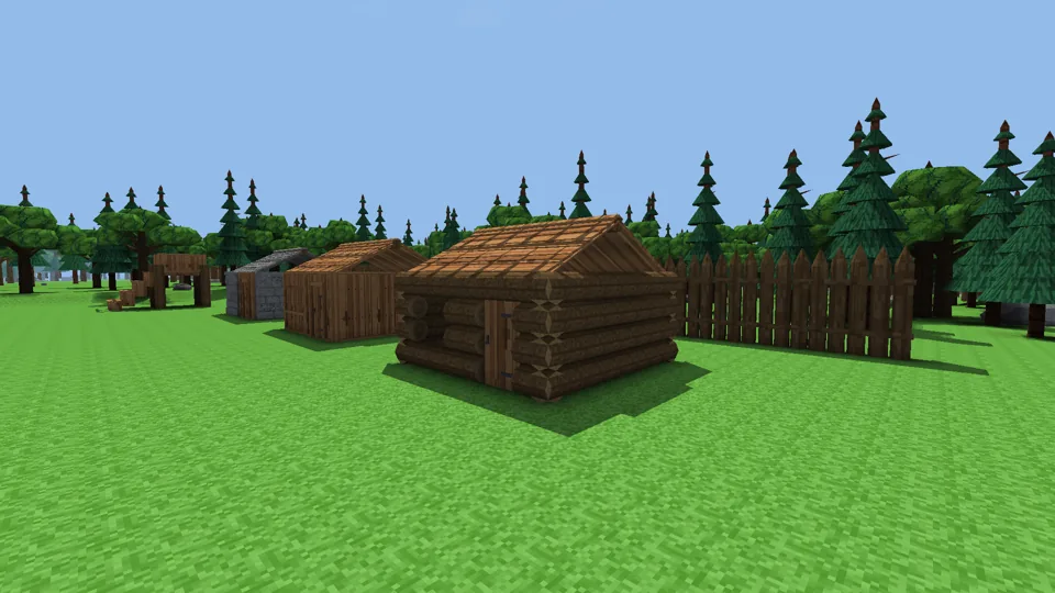 Log cabins: door frames, wide windows, half walls
