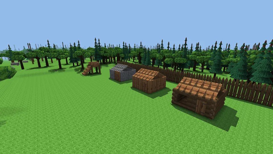 A village takes shape: plank, stone and log builds, hammered in by hand
